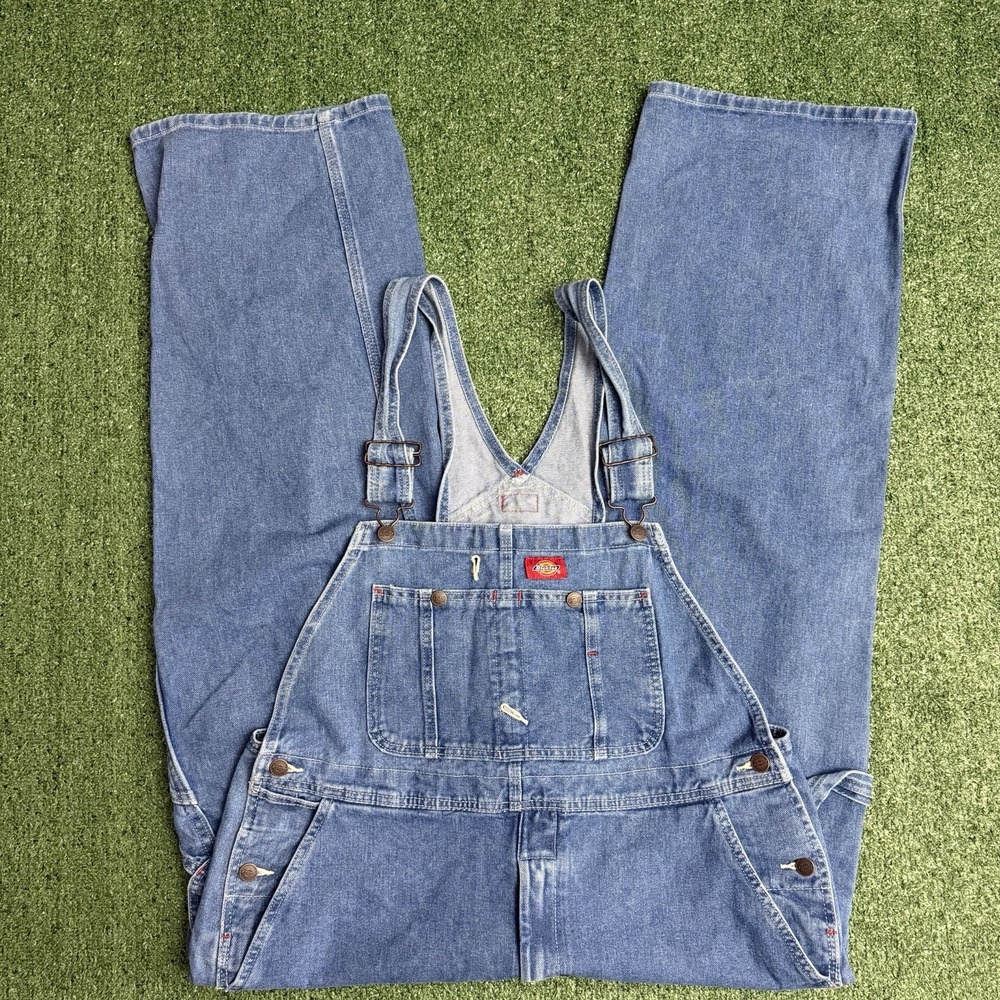 Dickies Bib Overalls Mens 36x30 Blue Workwear Wide Leg Carpenter Utility Cargo